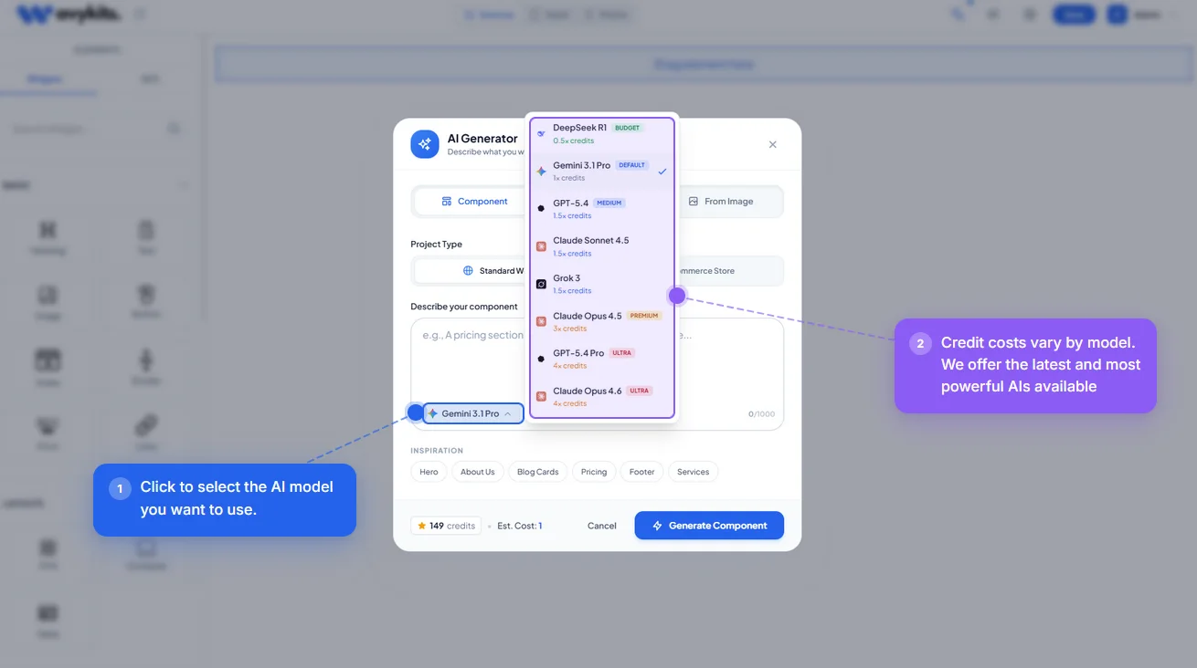 WavyKits AI modal and dialog support for website builder