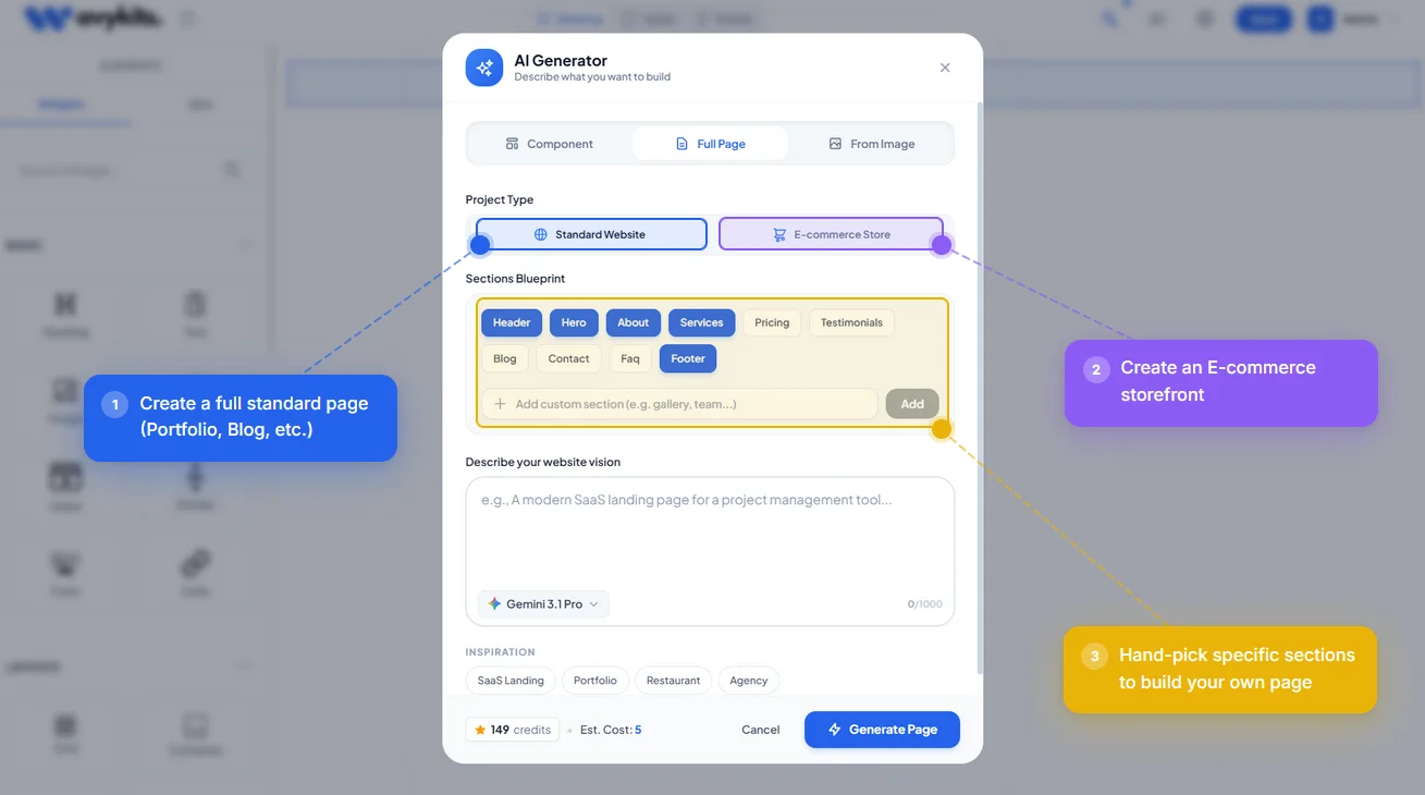 WavyKits AI text to website builder generating Tailwind CSS layouts